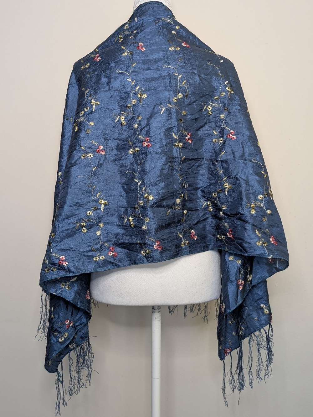 Silk Embroidered Floral Shawl in Navy Blue
